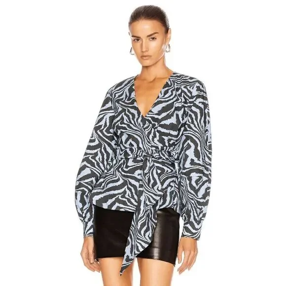 GANNI Printed Cotton Poplin Top In Forever Blue Size 36 - Picture 11 of 12